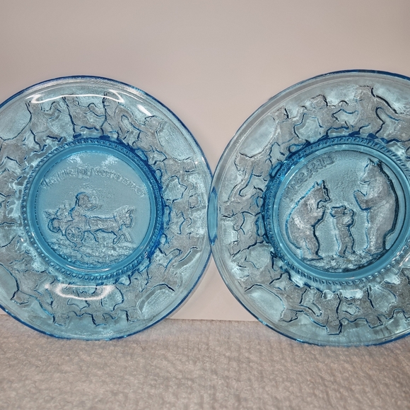 Tiara Indiana Blue Glass Nursery Rhyme Salad/ Desert/ Luncheon Plate set of 4 - Picture 1 of 14
